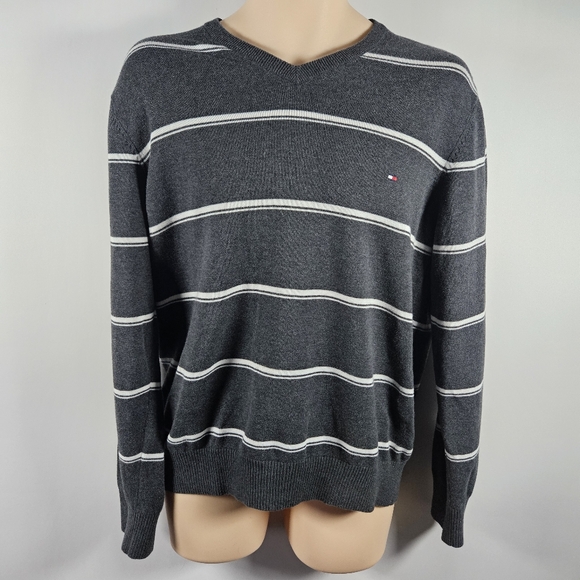 Tommy Hilfiger Other - Tommy Hilfiger Men's Gray Cotton V Neck Striped Sweater Long Sleeve Size Large
